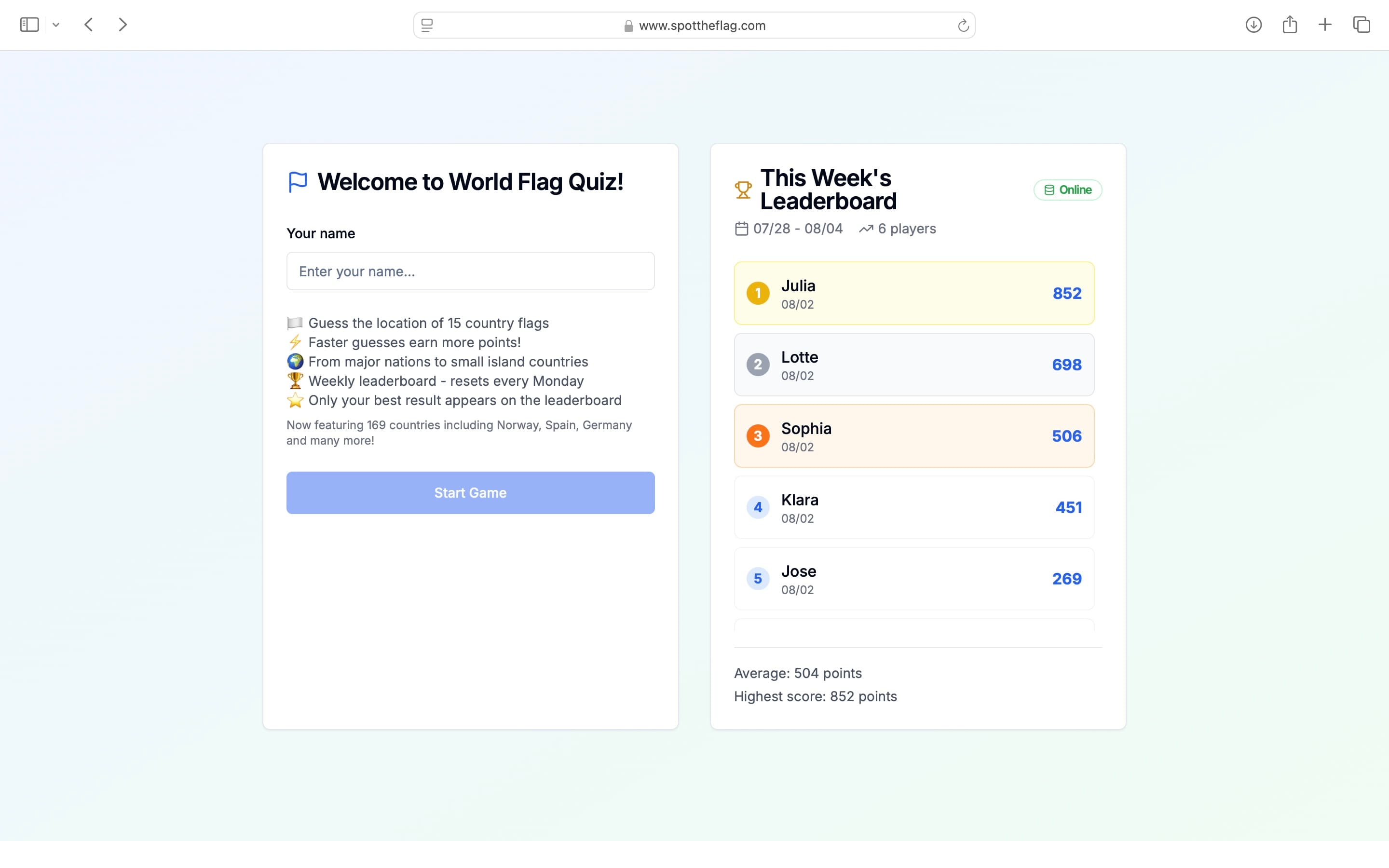 Front page where user types name and where weekly leaderboard is shown