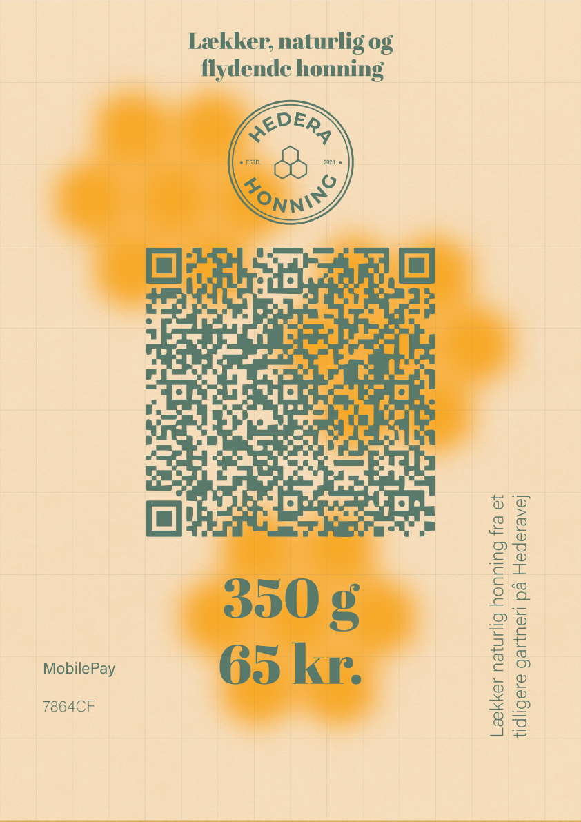 Hedera Honning promotional poster 2: The honeycomb logo takes pride of place atop a warm, grid-patterned backdrop, with a large QR code front and center for instant MobilePay checkout.
